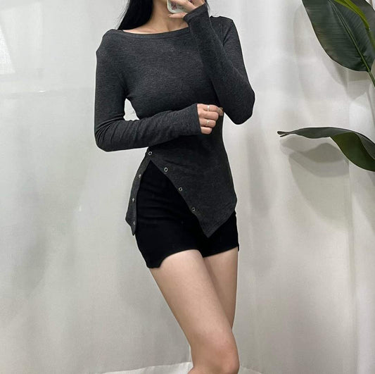 【25OCT06】露肩修腰不規則設計長袖上衣(3色入)