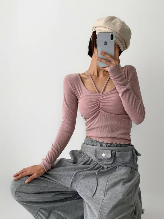 【25OCT04】掛頸小心機兩穿長袖上衣套裝(4色入)