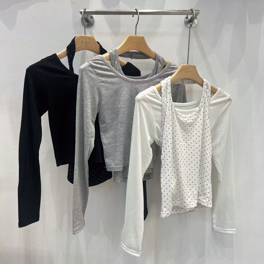 【25OCT02】掛頸波點背心連長袖上衣套裝(3色入)