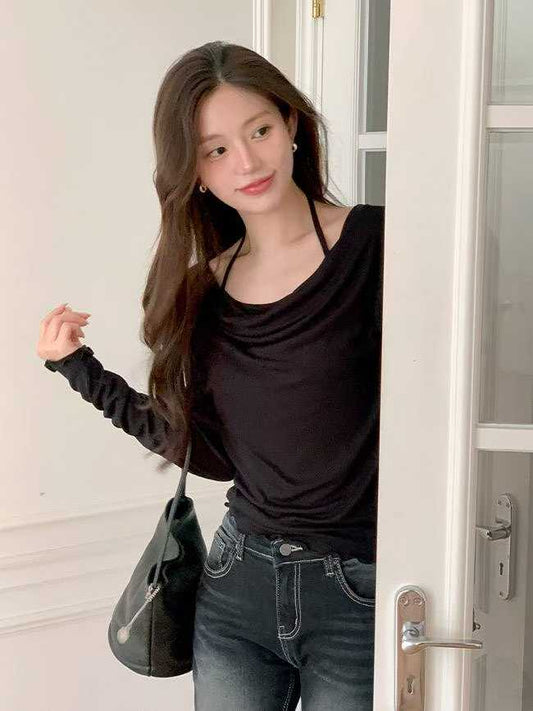 【25OCT01】韓國掛頸堆堆領木耳邊長袖上衣(5色入)