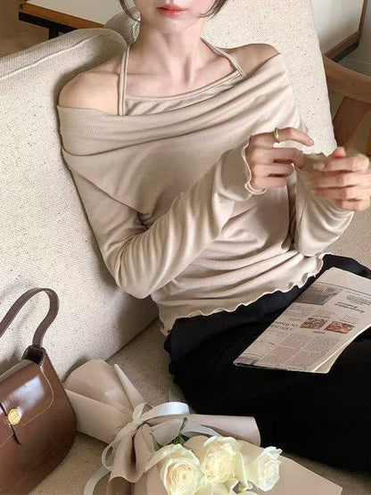 【25OCT01】韓國掛頸堆堆領木耳邊長袖上衣(5色入)