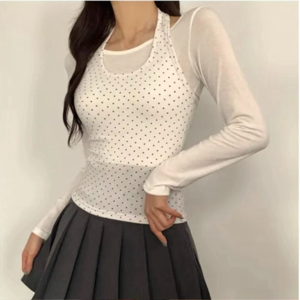 【25OCT02】掛頸波點背心連長袖上衣套裝（3色入）