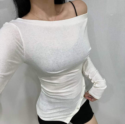 【25OCT06】露肩修腰不規則設計長袖上衣(3色入)