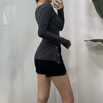 【25OCT06】露肩修腰不規則設計長袖上衣(3色入)