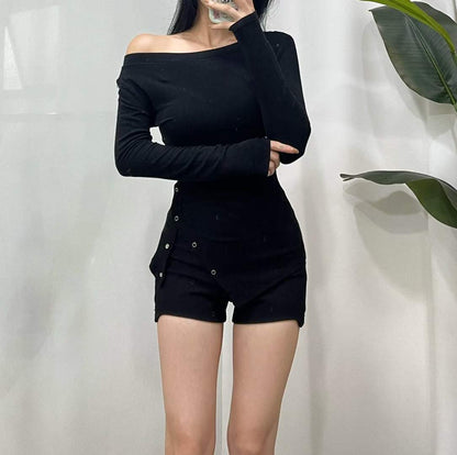 【25OCT06】露肩修腰不規則設計長袖上衣(3色入)