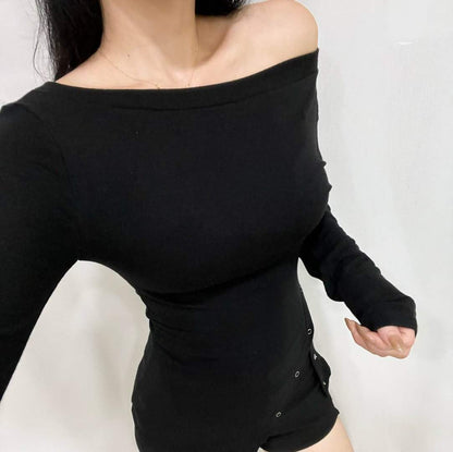 【25OCT06】露肩修腰不規則設計長袖上衣(3色入)