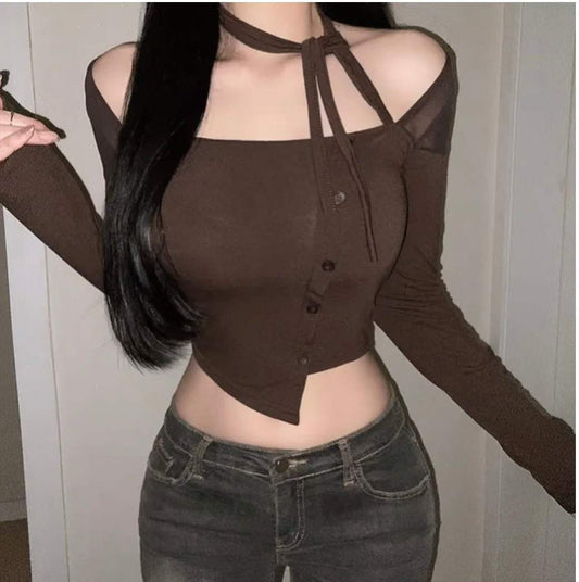 【25OCT07】露肩綁帶不規則長袖上衣(3色入)