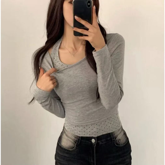 【25OCT02】掛頸波點背心連長袖上衣套裝（3色入）