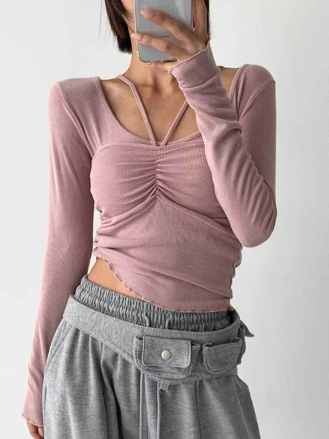 【25OCT04】掛頸小心機兩穿長袖上衣套裝(4色入)