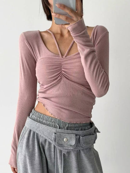 【25OCT04】掛頸小心機兩穿長袖上衣套裝(4色入)