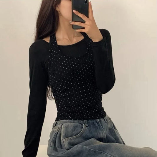 【25OCT02】掛頸波點背心連長袖上衣套裝（3色入）