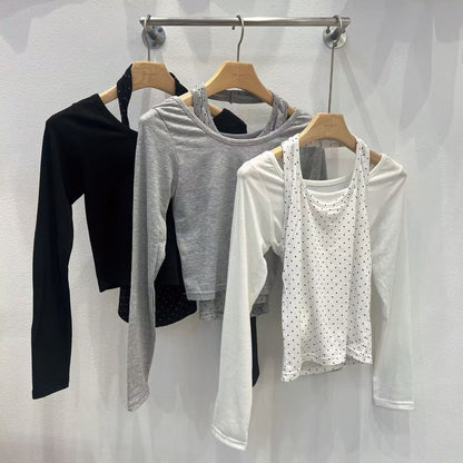 【25OCT02】掛頸波點背心連長袖上衣套裝（3色入）