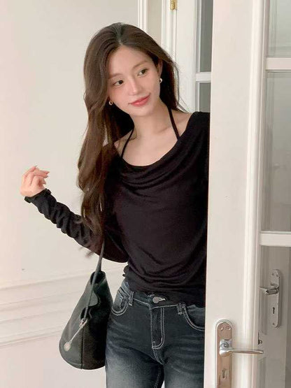 【25OCT01】韓國掛頸堆堆領木耳邊長袖上衣(5色入)